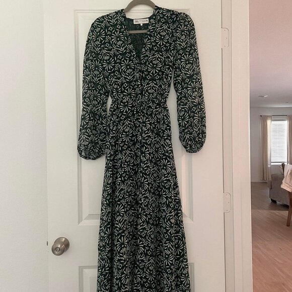 Zara ZW Collection Printed Floral Midi Dress | Green White | Size XS x-small - Picture 2 of 10